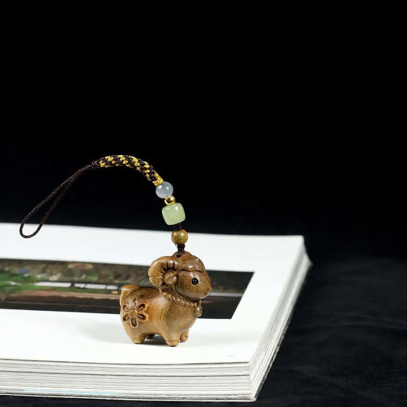 Buddha Stones Rainbow Eucalyptus Sandalwood Goat Serenity Hand-Carved Keychains - Green Sandalwood - Plain Rope - image 4