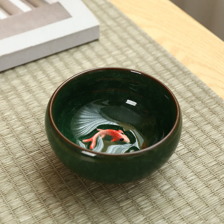 Buddha Stones Ceramic Koi Fish Success Crackle Glaze Gongfu Tea Cup - Green - image 1