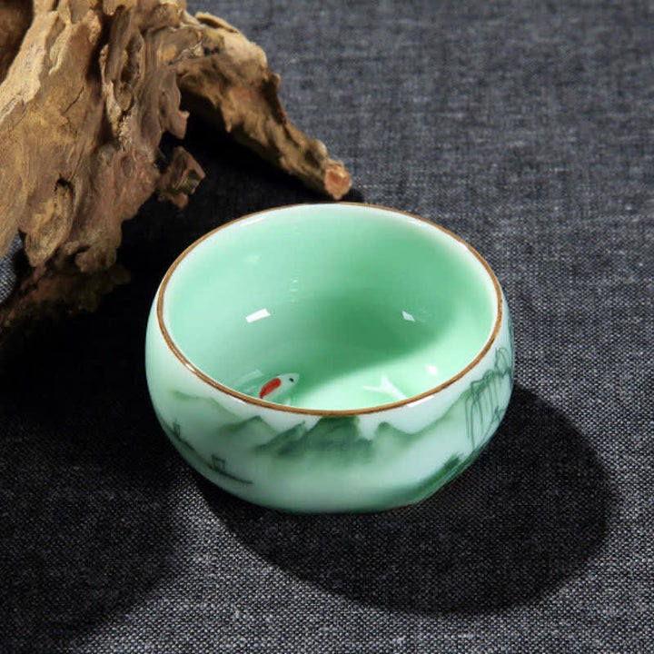 Buddha Stones Traditional Koi Fish Lotus Landscape Ceramic Personal Tea Cup - image 2
