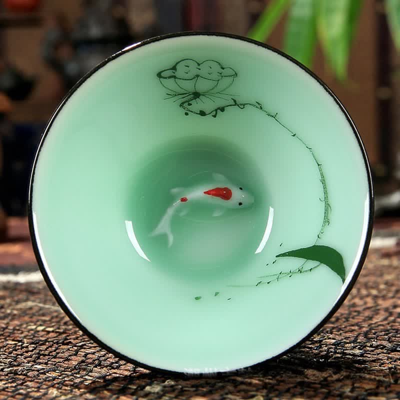 Buddha Stones Hand-Painted Celadon Ceramic Lotus Koi Douli Tea Cup - Seed Pod - image 8