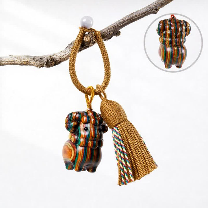 Buddha Stones Hand-Carved Green Sandalwood Rainbow Eucalyptus Goat Luck Tassel Keychains - Rainbow Eucalyptus - Brown - image 9