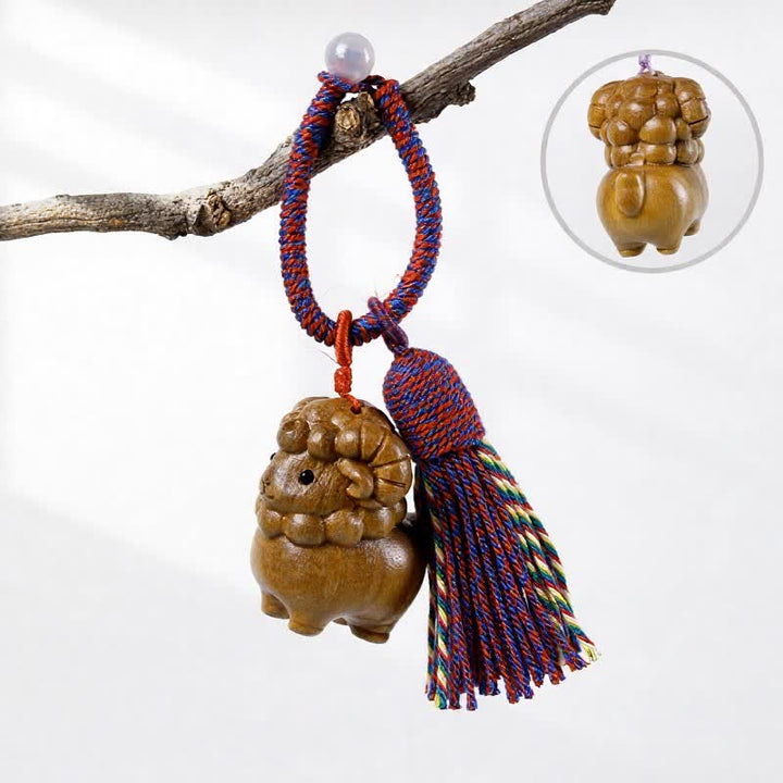Buddha Stones Hand-Carved Green Sandalwood Rainbow Eucalyptus Goat Luck Tassel Keychains - Green Sandalwood - Blue Red - image 3