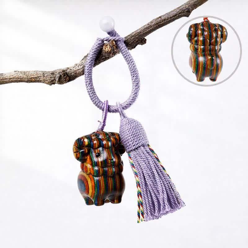 Buddha Stones Hand-Carved Green Sandalwood Rainbow Eucalyptus Goat Luck Tassel Keychains - Rainbow Eucalyptus - Purple - image 11
