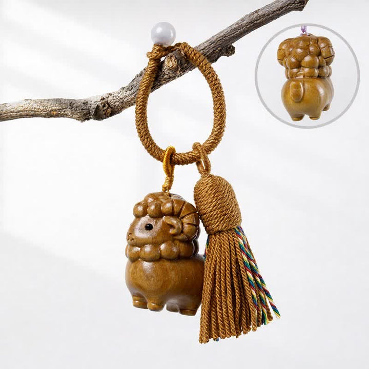Buddha Stones Hand-Carved Green Sandalwood Rainbow Eucalyptus Goat Luck Tassel Keychains - Green Sandalwood - Brown - image 2