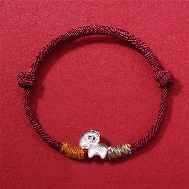 Buddha Stones Year of the Goat 999 Sterling Silver Hand-Woven Red String Chinese Zodiac Sheep Lucky Bracelet - Silver Sheep Maroon(Wrist Circumference: 5.9-6.3  in / 15-16cm) - image 0