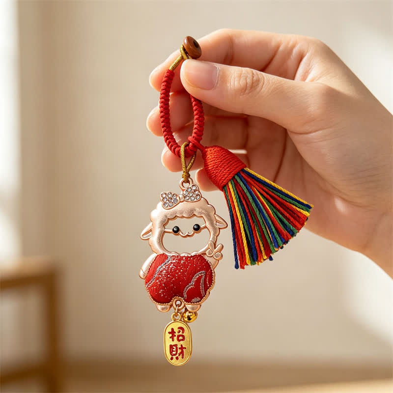 Buddha Stones Year of the Goat Song Brocade Fu Character Blessing Lamb Tassel Keychains - Red - Sheep Face Cutout – Random Double-Sided Pattern - image 0