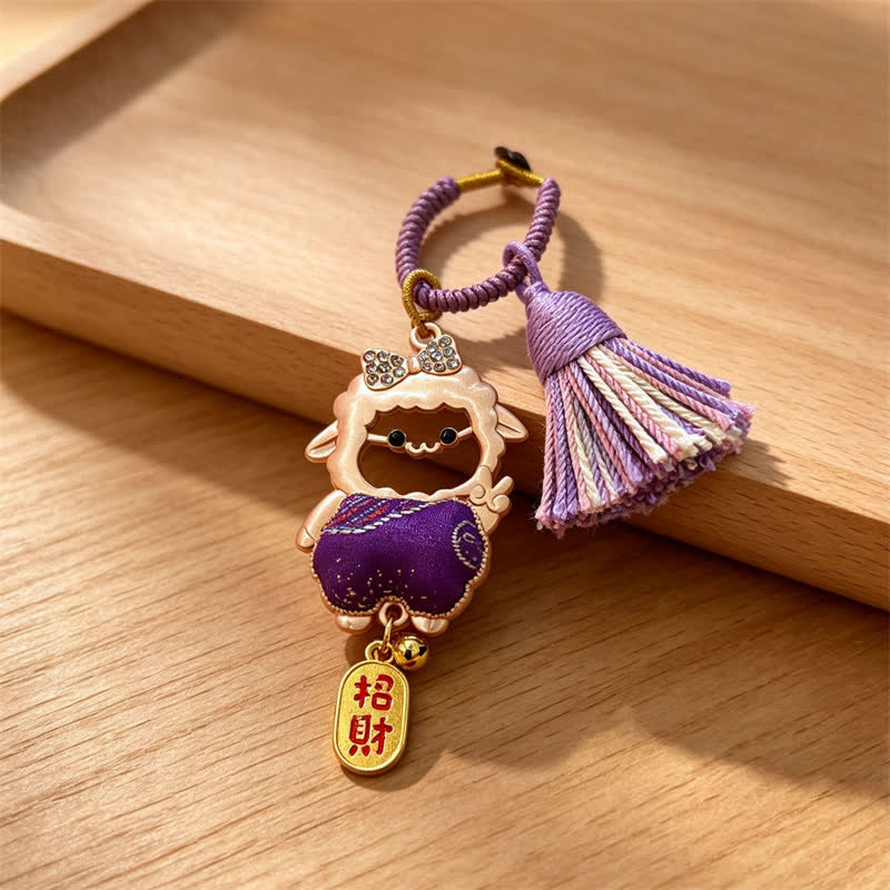 Buddha Stones Year of the Goat Song Brocade Fu Character Blessing Lamb Tassel Keychains - Purple - Sheep Face Cutout – Random Double-Sided Pattern - image 14