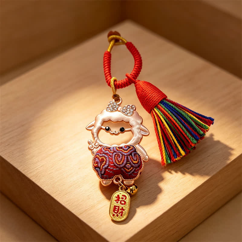 Buddha Stones Year of the Goat Song Brocade Fu Character Blessing Lamb Tassel Keychains - Maroon - Sheep Face Cutout – Random Double-Sided Pattern - image 9