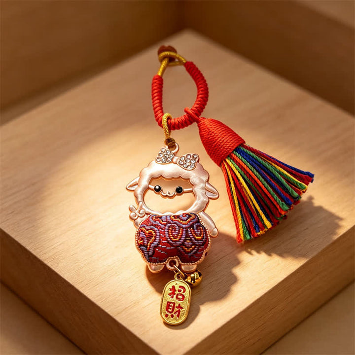 Buddha Stones Year of the Goat Song Brocade Fu Character Blessing Lamb Tassel Keychains - Maroon - Sheep Face Cutout – Random Double-Sided Pattern - image 9