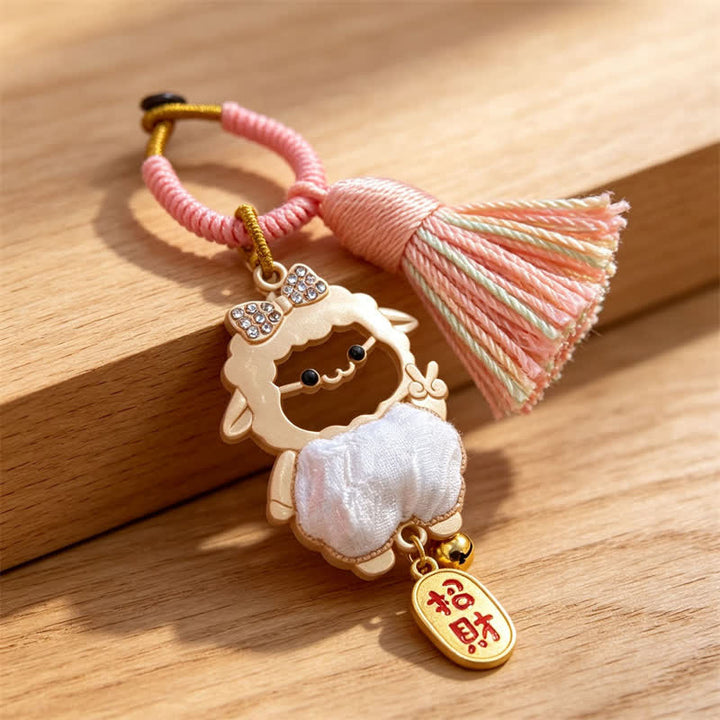 Buddha Stones Year of the Goat Song Brocade Fu Character Blessing Lamb Tassel Keychains - White - Sheep Face Cutout – Random Double-Sided Pattern - image 13