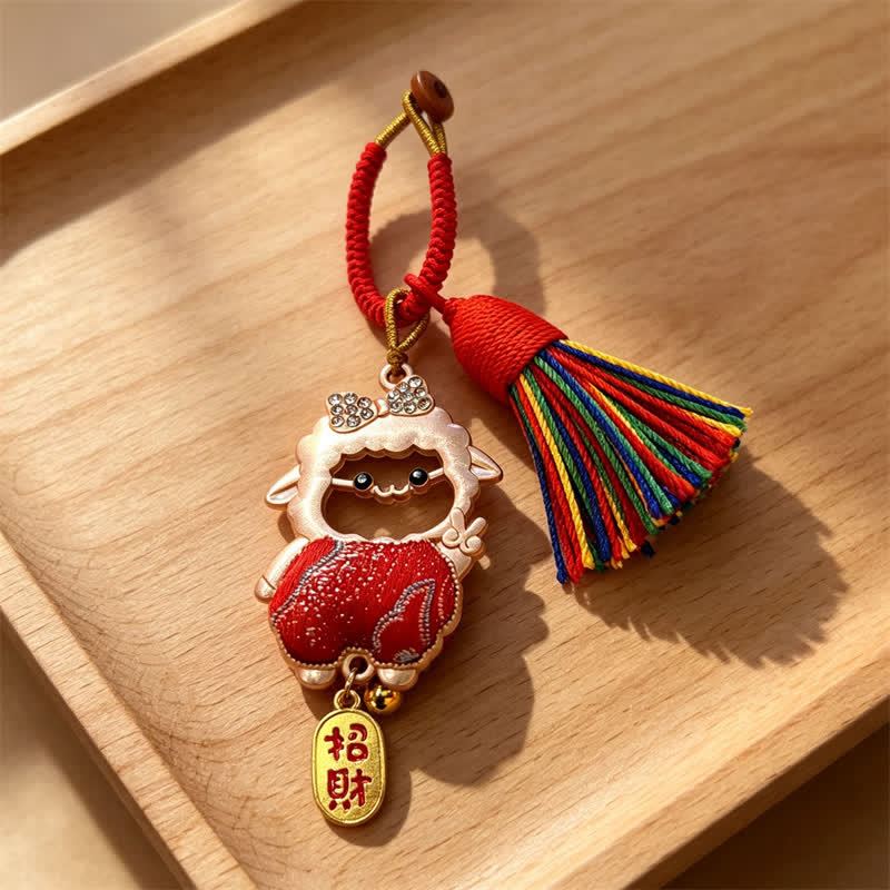 Buddha Stones Year of the Goat Song Brocade Fu Character Blessing Lamb Tassel Keychains - image 6