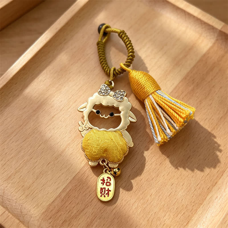 Buddha Stones Year of the Goat Song Brocade Fu Character Blessing Lamb Tassel Keychains - Gold - Sheep Face Cutout – Random Double-Sided Pattern - image 12