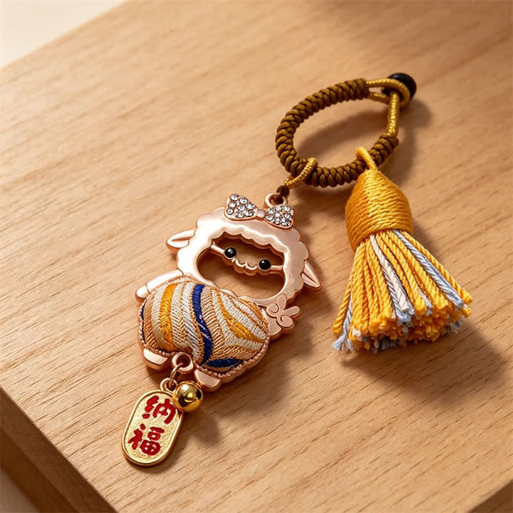 Buddha Stones Year of the Goat Song Brocade Fu Character Blessing Lamb Tassel Keychains - Yellow - Sheep Face Cutout – Random Double-Sided Pattern - image 11