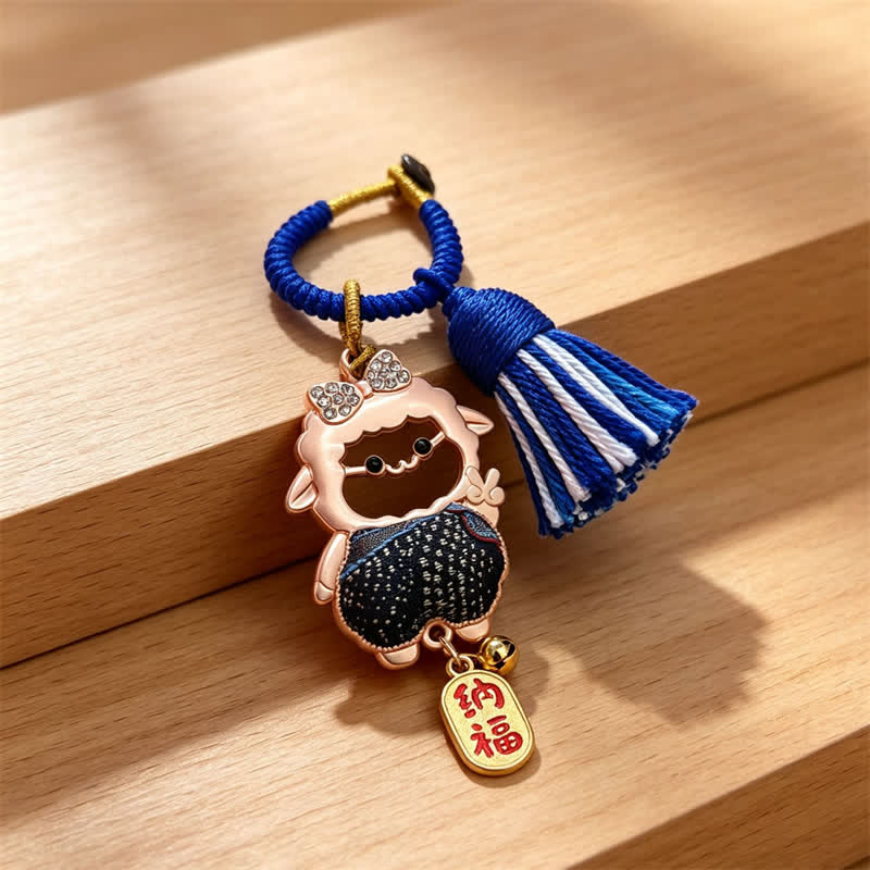 Buddha Stones Year of the Goat Song Brocade Fu Character Blessing Lamb Tassel Keychains - Black - Sheep Face Cutout – Random Double-Sided Pattern - image 16