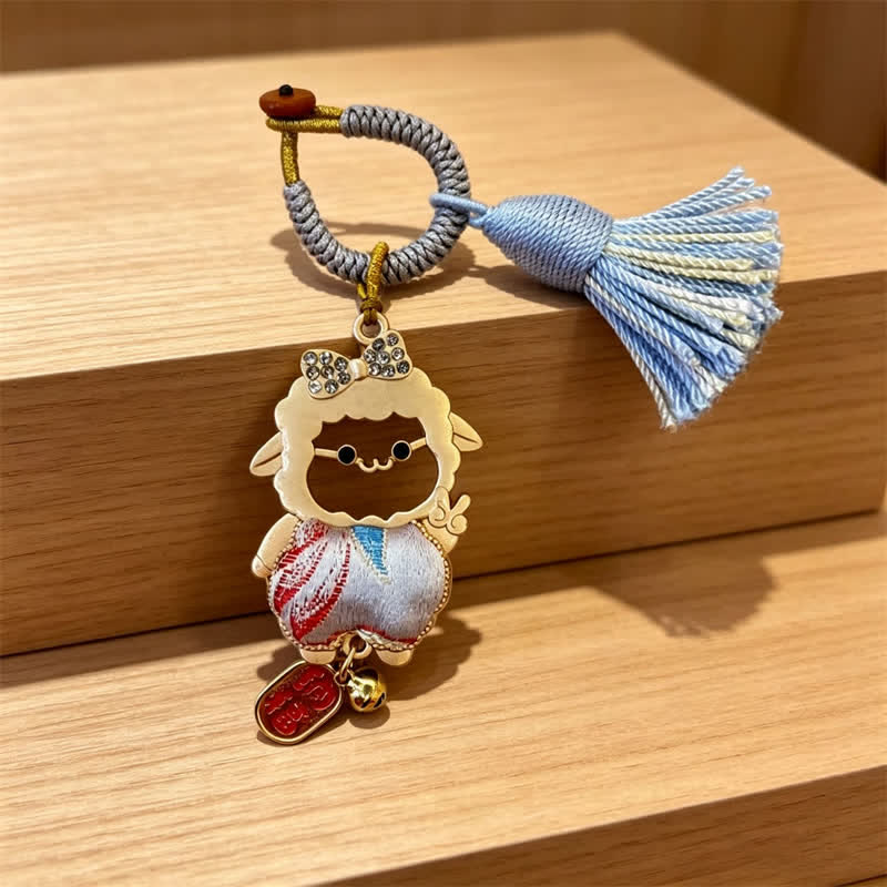Buddha Stones Year of the Goat Song Brocade Fu Character Blessing Lamb Tassel Keychains - Gray-Blue - Sheep Face Cutout – Random Double-Sided Pattern - image 18