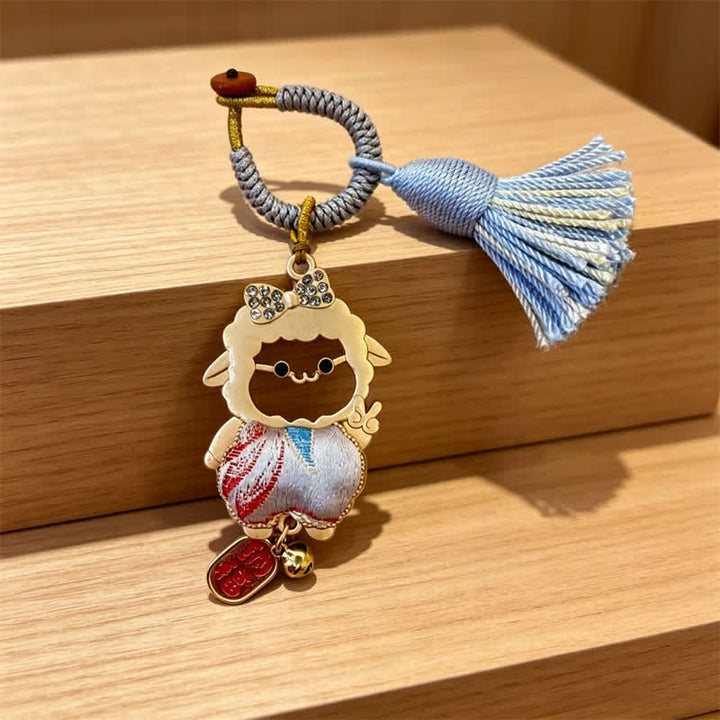 Buddha Stones Year of the Goat Song Brocade Fu Character Blessing Lamb Tassel Keychains - Gray-Blue - Sheep Face Cutout – Random Double-Sided Pattern - image 18