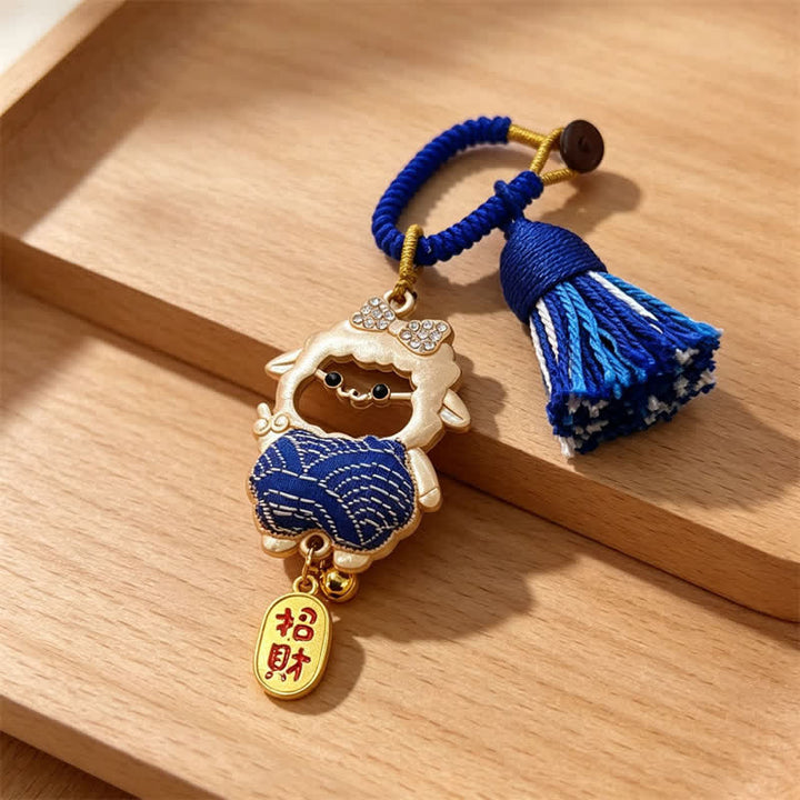 Buddha Stones Year of the Goat Song Brocade Fu Character Blessing Lamb Tassel Keychains - Royal Blue - Sheep Face Cutout – Random Double-Sided Pattern - image 17