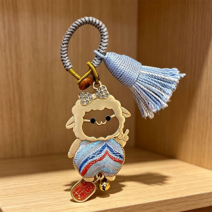 Buddha Stones Year of the Goat Song Brocade Fu Character Blessing Lamb Tassel Keychains - Blue-Red - Sheep Face Cutout – Random Double-Sided Pattern - image 20