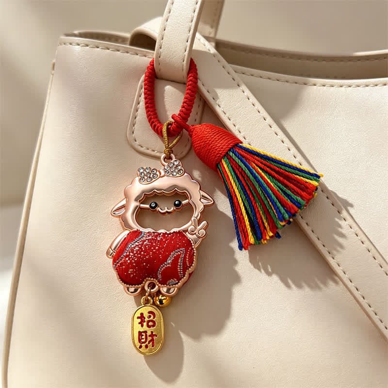 Buddha Stones Year of the Goat Song Brocade Fu Character Blessing Lamb Tassel Keychains - image 7