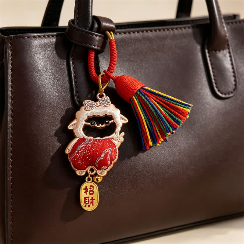 Buddha Stones Year of the Goat Song Brocade Fu Character Blessing Lamb Tassel Keychains - image 8