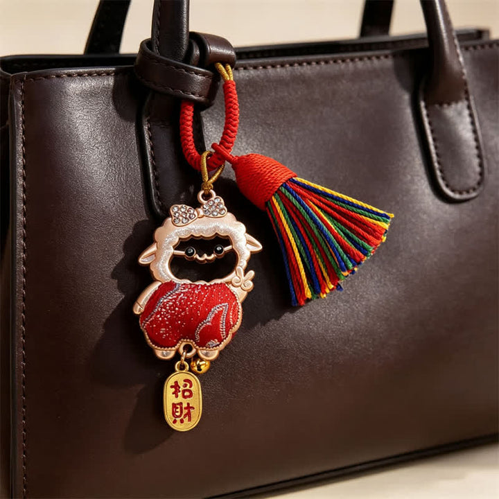 Buddha Stones Year of the Goat Song Brocade Fu Character Blessing Lamb Tassel Keychains - image 8