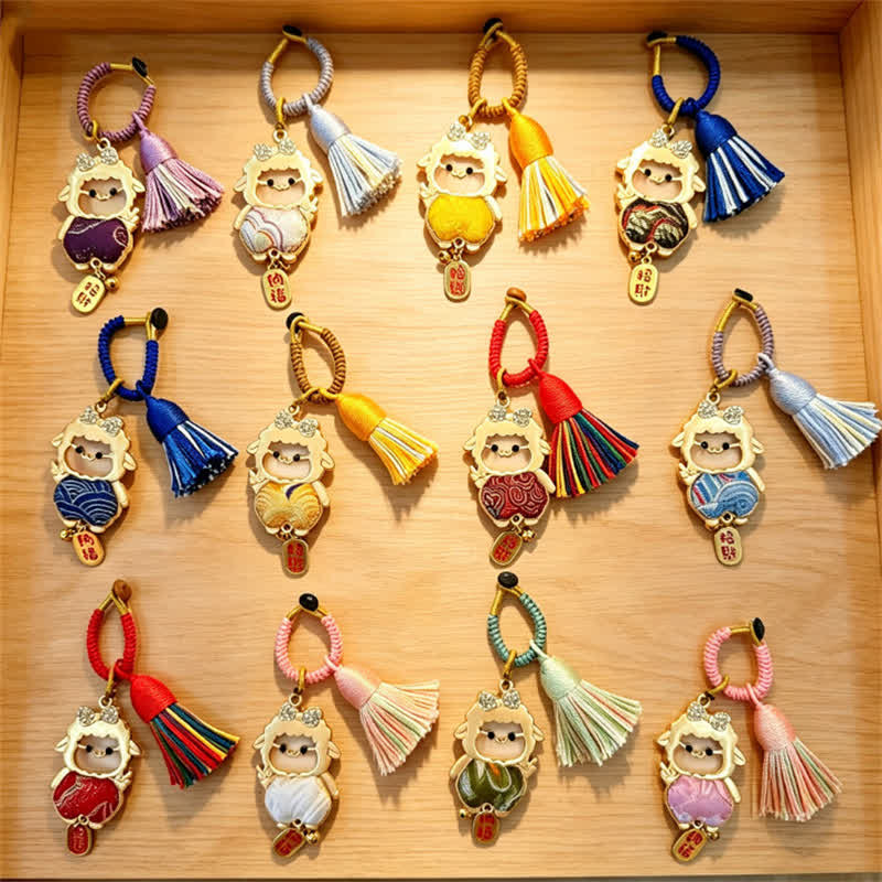 Buddha Stones Year of the Goat Song Brocade Fu Character Blessing Lamb Tassel Keychains - image 22