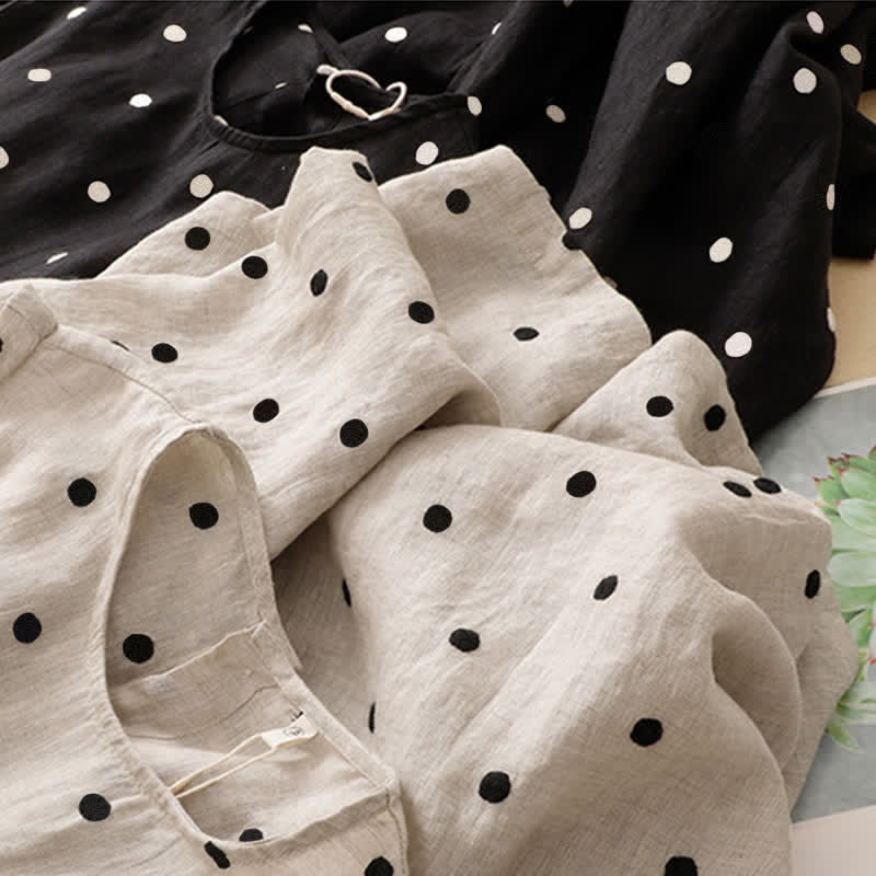 Buddha Stones Summer Casual Vintage Drawstring Polka Dot Crew Neck Women's Summer Sleeveless Dress With Pocket - image 18