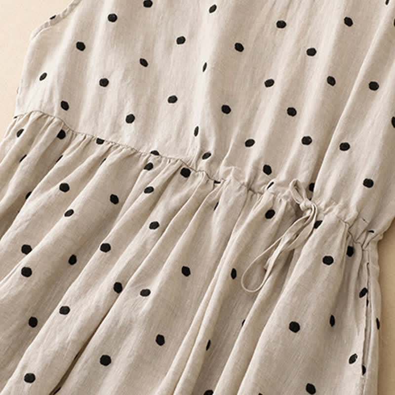 Buddha Stones Summer Casual Vintage Drawstring Polka Dot Crew Neck Women's Summer Sleeveless Dress With Pocket - image 4