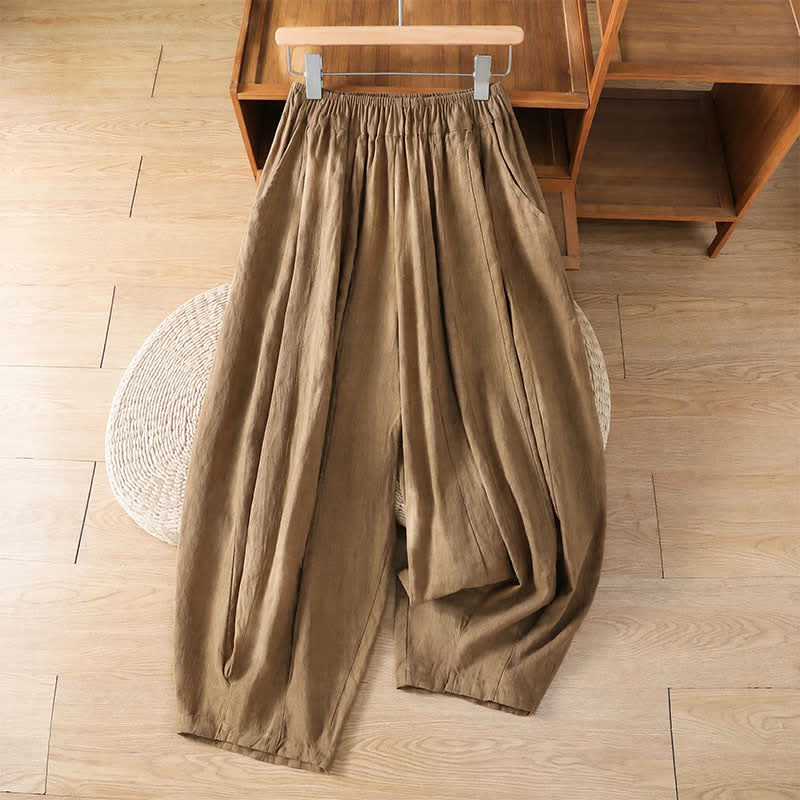 Buddha Stones Spring Summer Classic Casual Drawstring Solid Cropped Pants Women's Harem Pants With Pockets - Tan - US12, UK/AU16, EU44 (3XL) - image 6