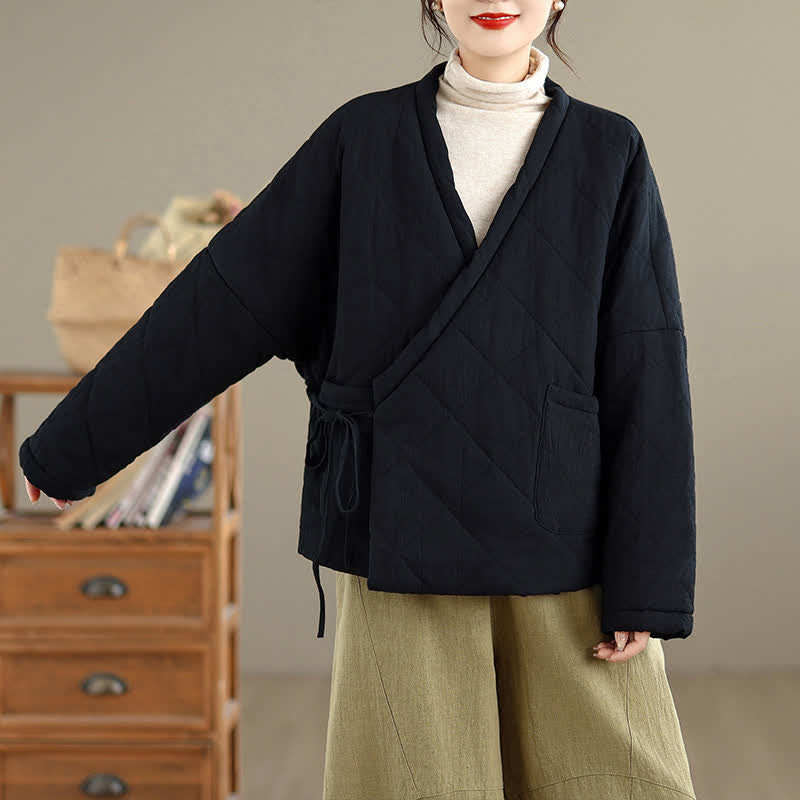 Buddha Stones Fall Winter Casual Minimalist Quilted Design Drawstring Solid Cropped Women's Kimono With Pockets - image 10