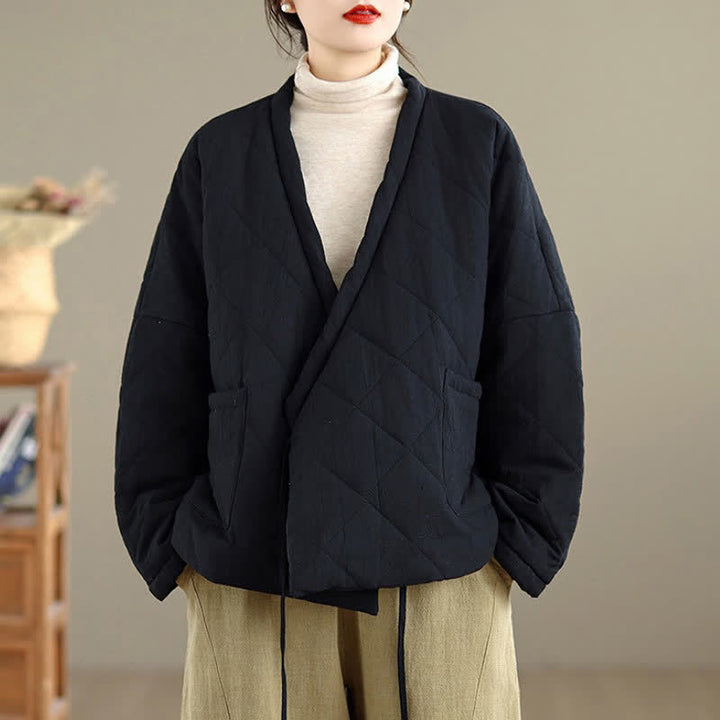 Buddha Stones Fall Winter Casual Minimalist Quilted Design Drawstring Solid Cropped Women's Kimono With Pockets - Black - US14, UK/AU18, EU46 (2XL) - image 9