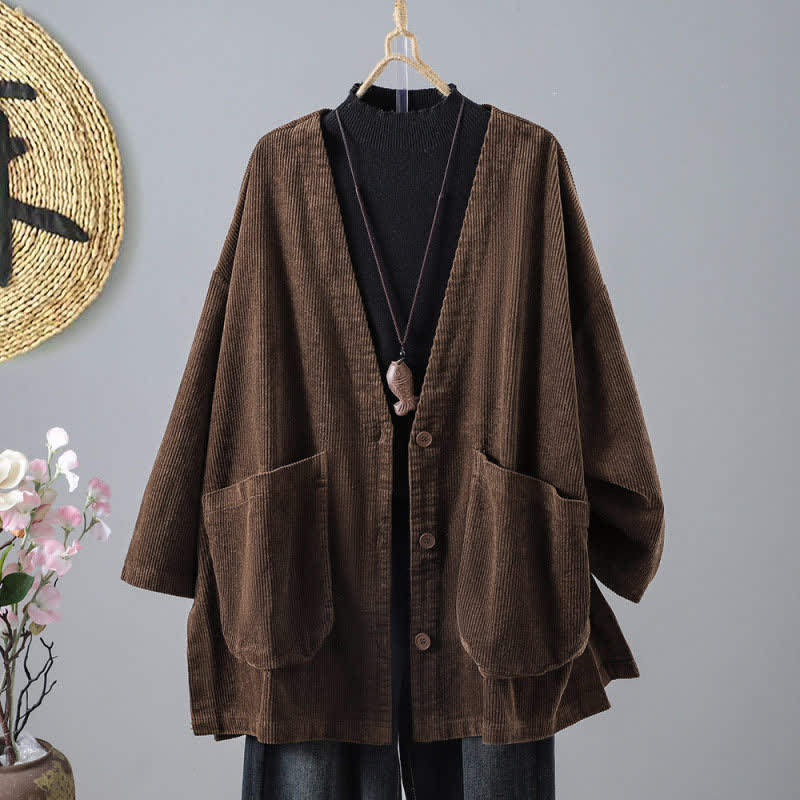 Buddha Stones Fall Winter Vintage Simple Button-Up Solid Corduroy Women's Jacket With Pockets - SaddleBrown - US14, UK/AU18, EU46 (2XL) - image 0