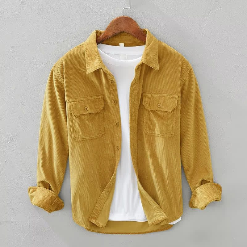Buddha Stones Fall Casual Vintage Button-Up Solid Corduroy Men's Long Sleeve Shirts With Patch Pockets - Peru - US/UK/AU40, EU50 (2XL) - image 0