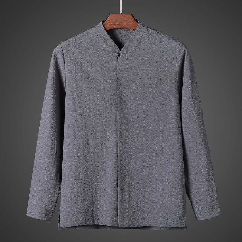 Buddha Stones Fall Simple Tang Style Pankou Solid Men's Long Sleeve Shirts - Gray - US/UK/AU44, EU54 (5XL) - image 8