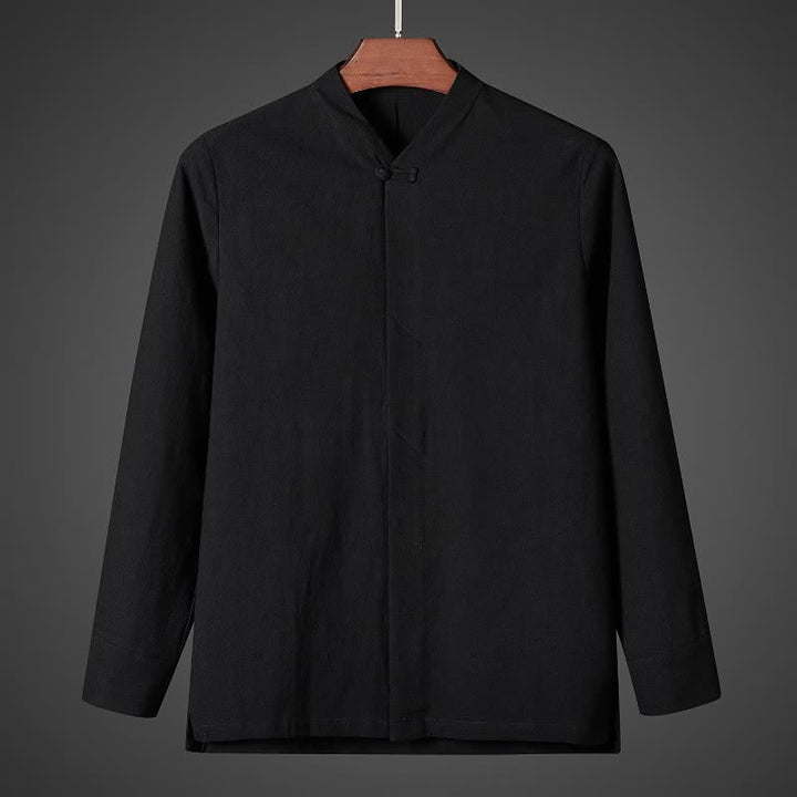 Buddha Stones Fall Simple Tang Style Pankou Solid Men's Long Sleeve Shirts - Black - US/UK/AU44, EU54 (5XL) - image 6