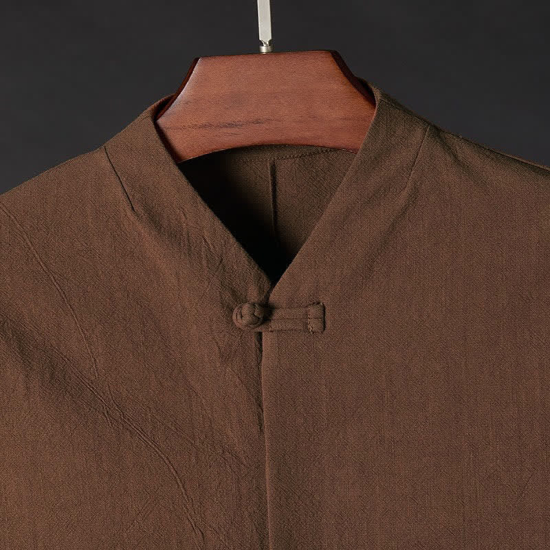 Buddha Stones Fall Simple Tang Style Pankou Solid Men's Long Sleeve Shirts - image 2
