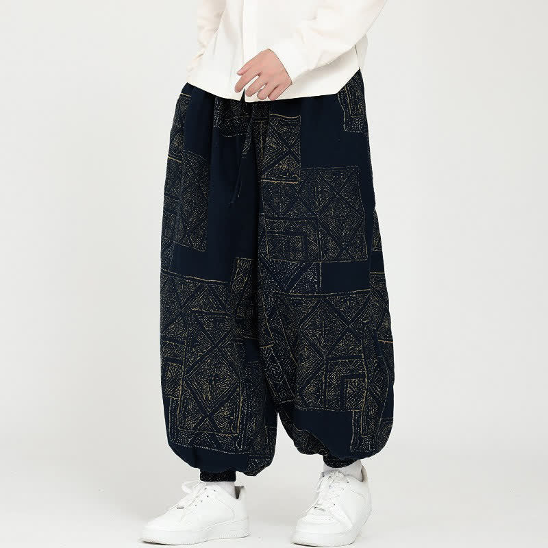 Buddha Stones Spring Fall Vintage Casual Drawstring Geometric Cropped Pants Men's Harem Pants With Pockets - MidnightBlue - US/UK/AU46, EU56 (5XL) - image 0