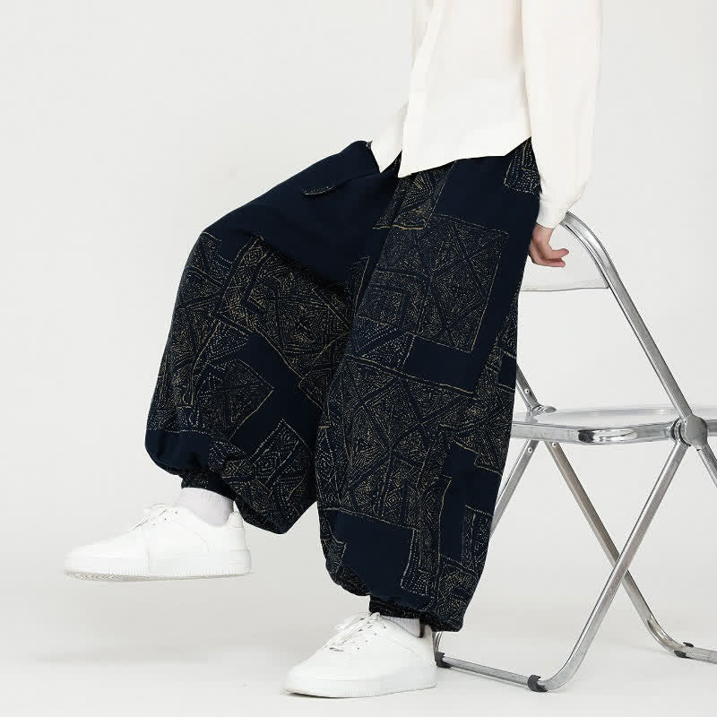 Buddha Stones Spring Fall Vintage Casual Drawstring Geometric Cropped Pants Men's Harem Pants With Pockets - image 7