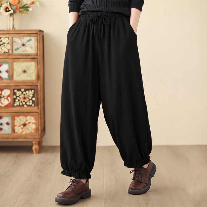 Buddha Stones Spring Casual Minimalist Drawstring Solid Ankle Pants Women's Harem Pants With Pockets - Black - US12, UK/AU16, EU44 (2XL) - image 0