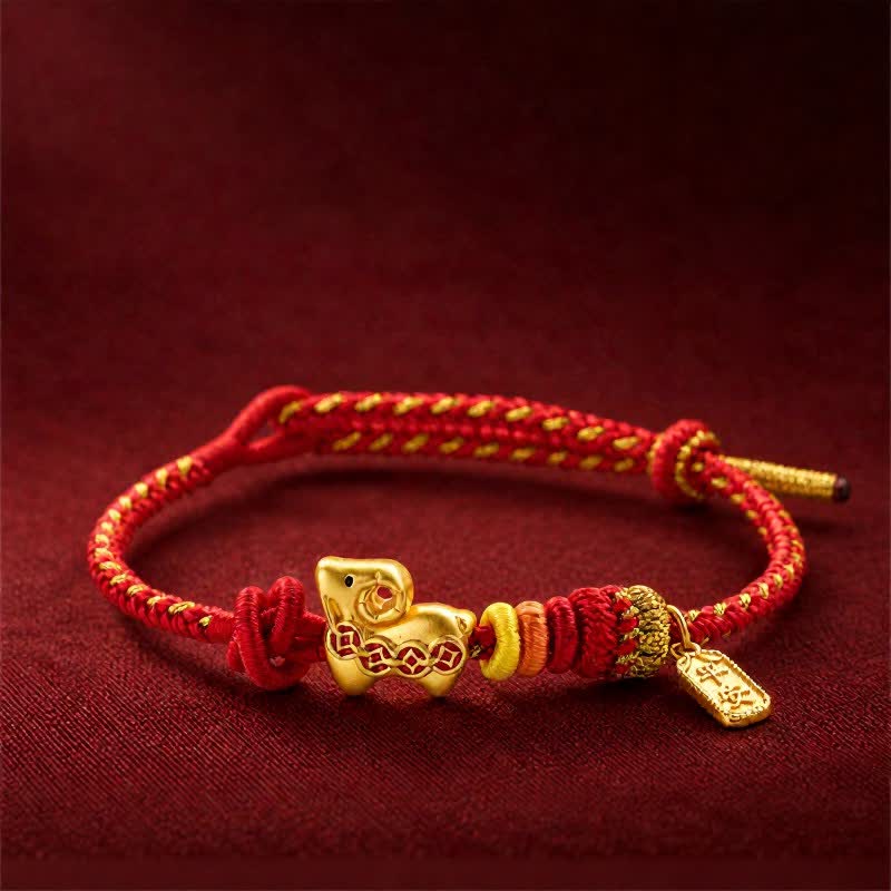 Buddha Stones Year of the Goat Copper Coins Sheep Ram Braided Red String Peace Fu Character Charm Bracelet - Year of the Goat Peace - image 0