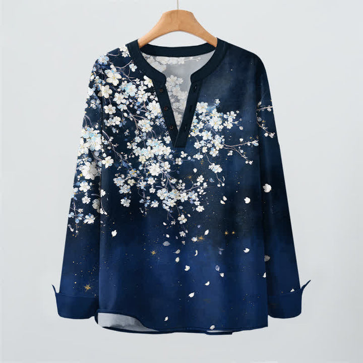 Buddha Stones Cotton Falling Petal Floral Pattern V-Neck Buttons Men's Long Sleeve Shirts - image 2