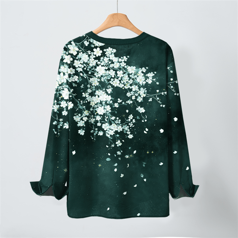 Buddha Stones Cotton Falling Petal Floral Pattern V-Neck Buttons Men's Long Sleeve Shirts - image 10