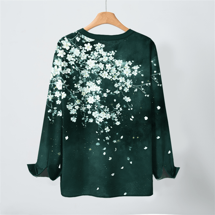 Buddha Stones Cotton Falling Petal Floral Pattern V-Neck Buttons Men's Long Sleeve Shirts - image 10