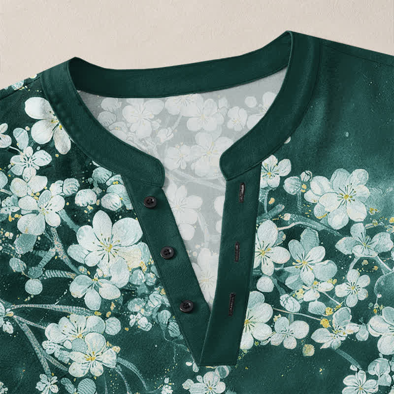 Buddha Stones Cotton Falling Petal Floral Pattern V-Neck Buttons Men's Long Sleeve Shirts - image 11