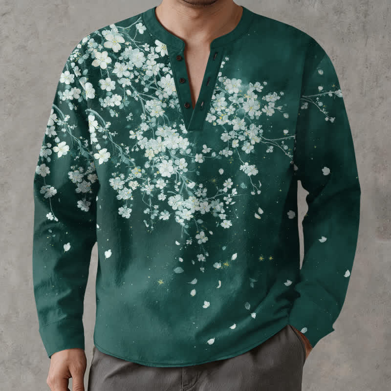 Buddha Stones Cotton Falling Petal Floral Pattern V-Neck Buttons Men's Long Sleeve Shirts - Teal - US/UK/AU48，EU58 (4XL) - image 7
