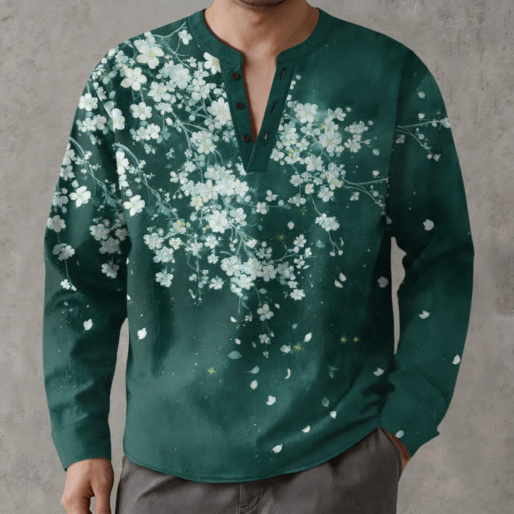Buddha Stones Cotton Falling Petal Floral Pattern V-Neck Buttons Men's Long Sleeve Shirts - Teal - US/UK/AU48，EU58 (4XL) - image 7