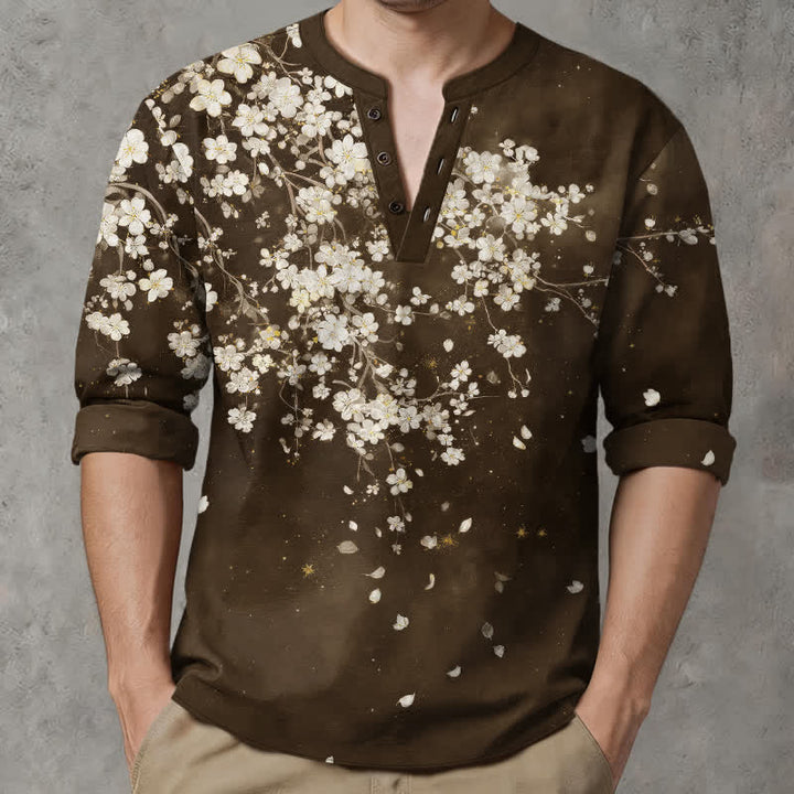Buddha Stones Cotton Falling Petal Floral Pattern V-Neck Buttons Men's Long Sleeve Shirts - image 15