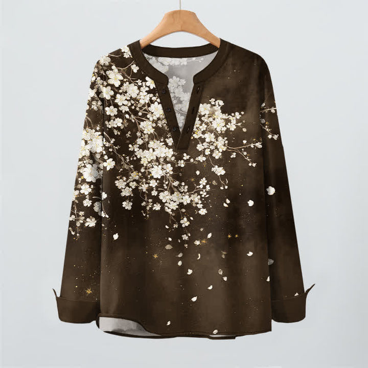 Buddha Stones Cotton Falling Petal Floral Pattern V-Neck Buttons Men's Long Sleeve Shirts - image 16