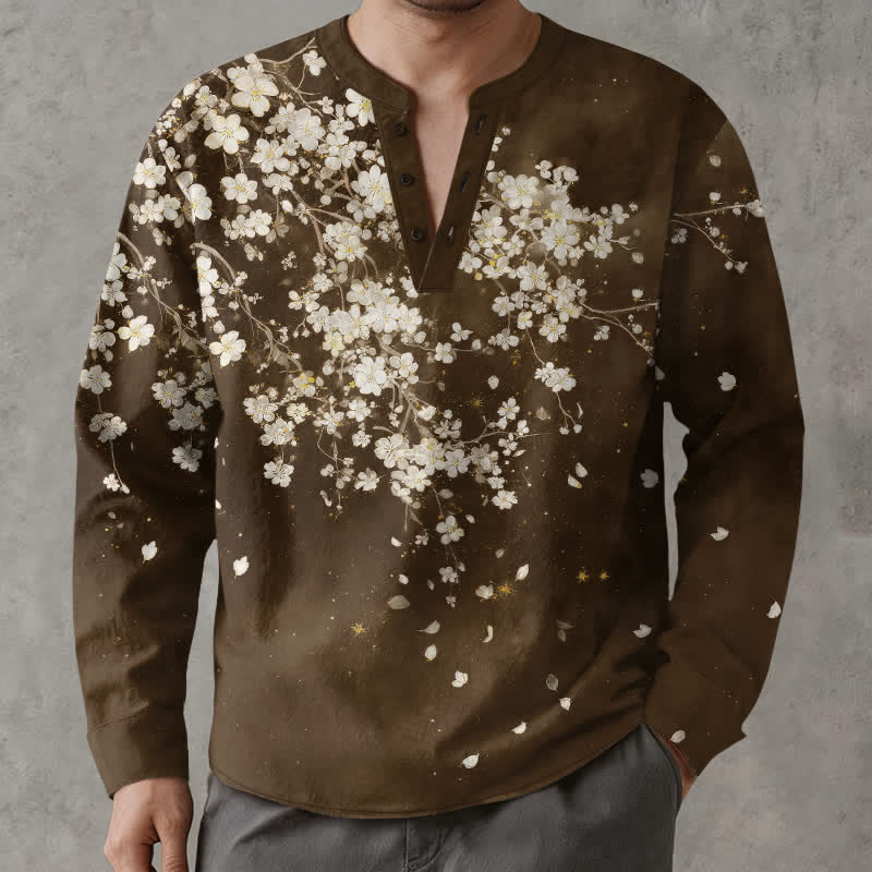 Buddha Stones Cotton Falling Petal Floral Pattern V-Neck Buttons Men's Long Sleeve Shirts - SaddleBrown - US/UK/AU48，EU58 (4XL) - image 14