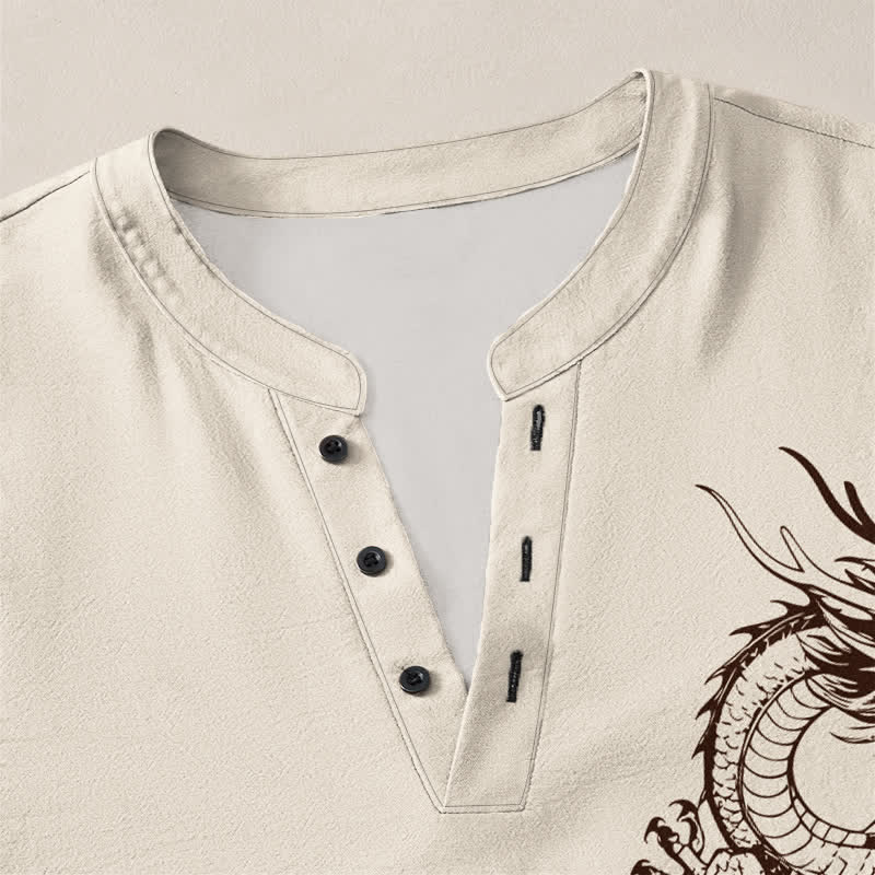 Buddha Stones Cotton Oriental Dragon Pattern V-Neck Buttons Men's Long Sleeve Shirts - image 4